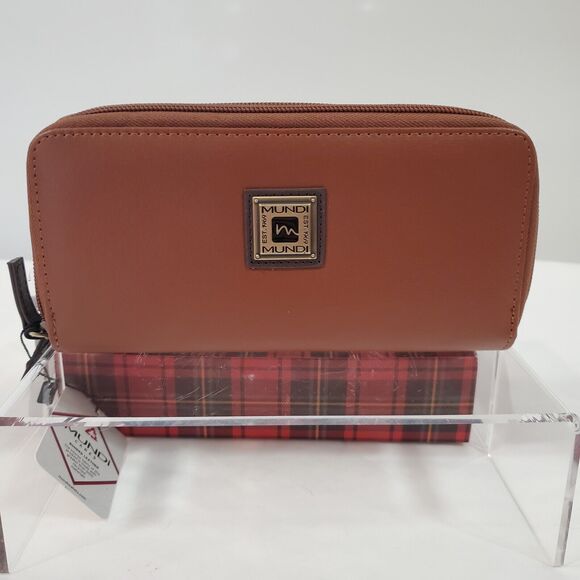 Mundi Zip Around Wallet Faux Leather Brown Card Checkbook 7.8" x 4" NWT - Picture 1 of 12
